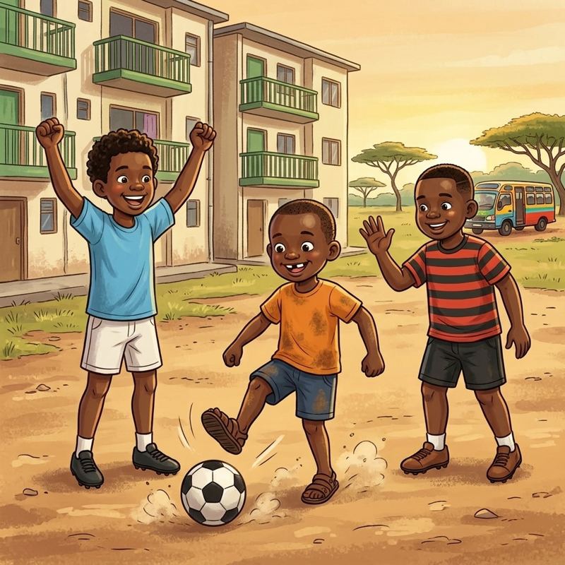 Baraka, a small Kenyan boy, kicks a football while the older boys cheer